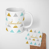 Personalized Custom Name Glitter Triangle Geometric Pattern Grey Background Seamless Lovely 11oz Ceramic Coffee Tea Mug White Large Handle