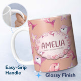 Personalized Custom Name Cute Pink Dolphins and Starfish Seamless Ocean Pattern Peach Lovely 11oz Ceramic Coffee Tea Mug White Large Handle