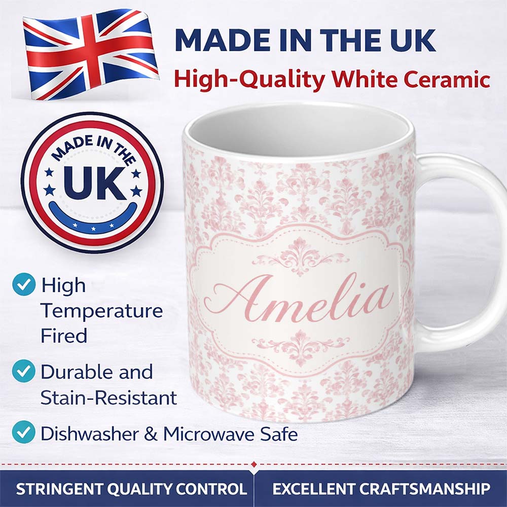 Personalized Custom Name Soft Pink Damask Ornamental Classic Vintage Seamless Pattern Lovely 11oz Ceramic Coffee Tea Mug White Large Handle