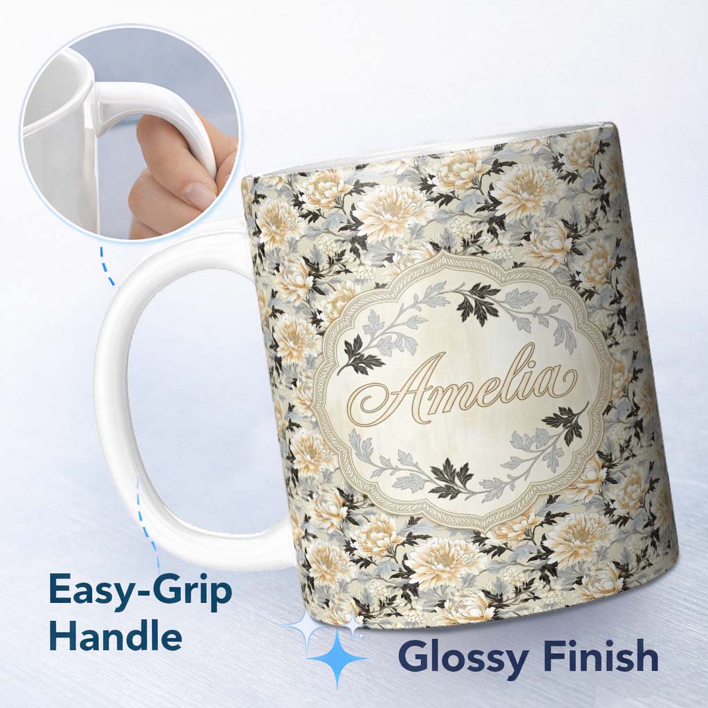 Personalized Custom Name Elegant Peach and Dark Leaf Floral Seamless Pattern Vintage Lovely 11oz Ceramic Coffee Tea Mug White Large Handle