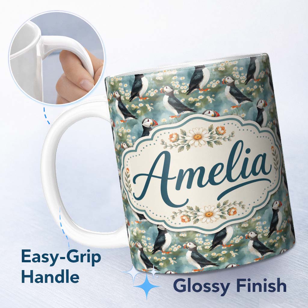 Personalized Custom Name Soft Painterly Puffin Birds with Daisy Field Seamless Pattern Lovely 11oz Ceramic Coffee Tea Mug White Large Handle