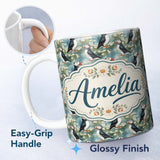 Personalized Custom Name Soft Painterly Puffin Birds with Daisy Field Seamless Pattern Lovely 11oz Ceramic Coffee Tea Mug White Large Handle
