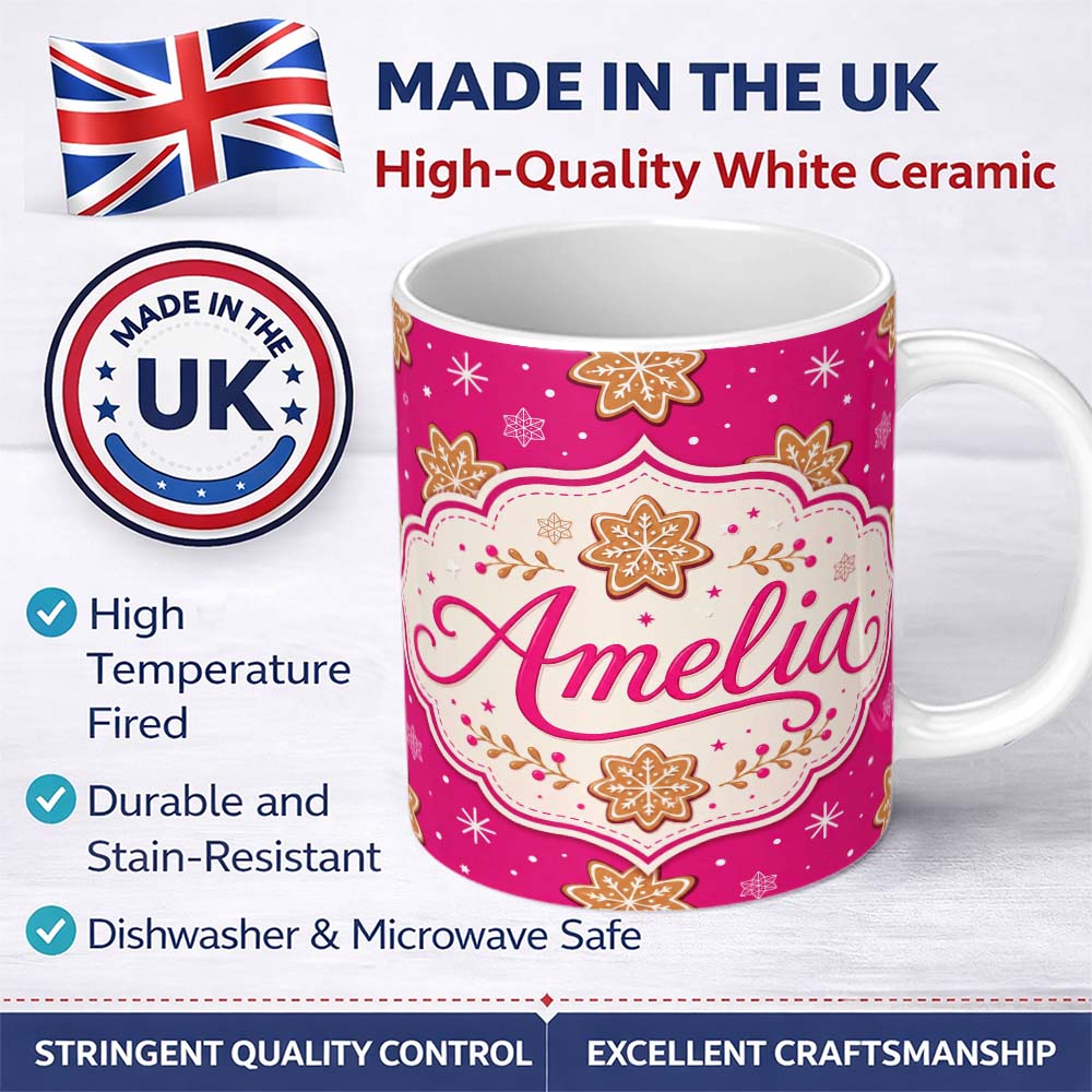Personalized Custom Name Festive Gingerbread Snowflake Cookie Pink Seamless Pattern Lovely 11oz Ceramic Coffee Tea Mug White Large Handle