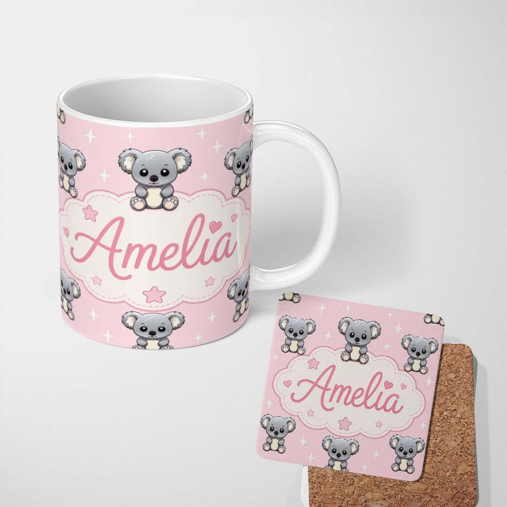 Personalized Custom Name Cute Koala Bears with Stars Soft Pink Background Seamless Pattern 11oz Ceramic Coffee Tea Mug White Large Handle