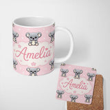Personalized Custom Name Cute Koala Bears with Stars Soft Pink Background Seamless Pattern 11oz Ceramic Coffee Tea Mug White Large Handle