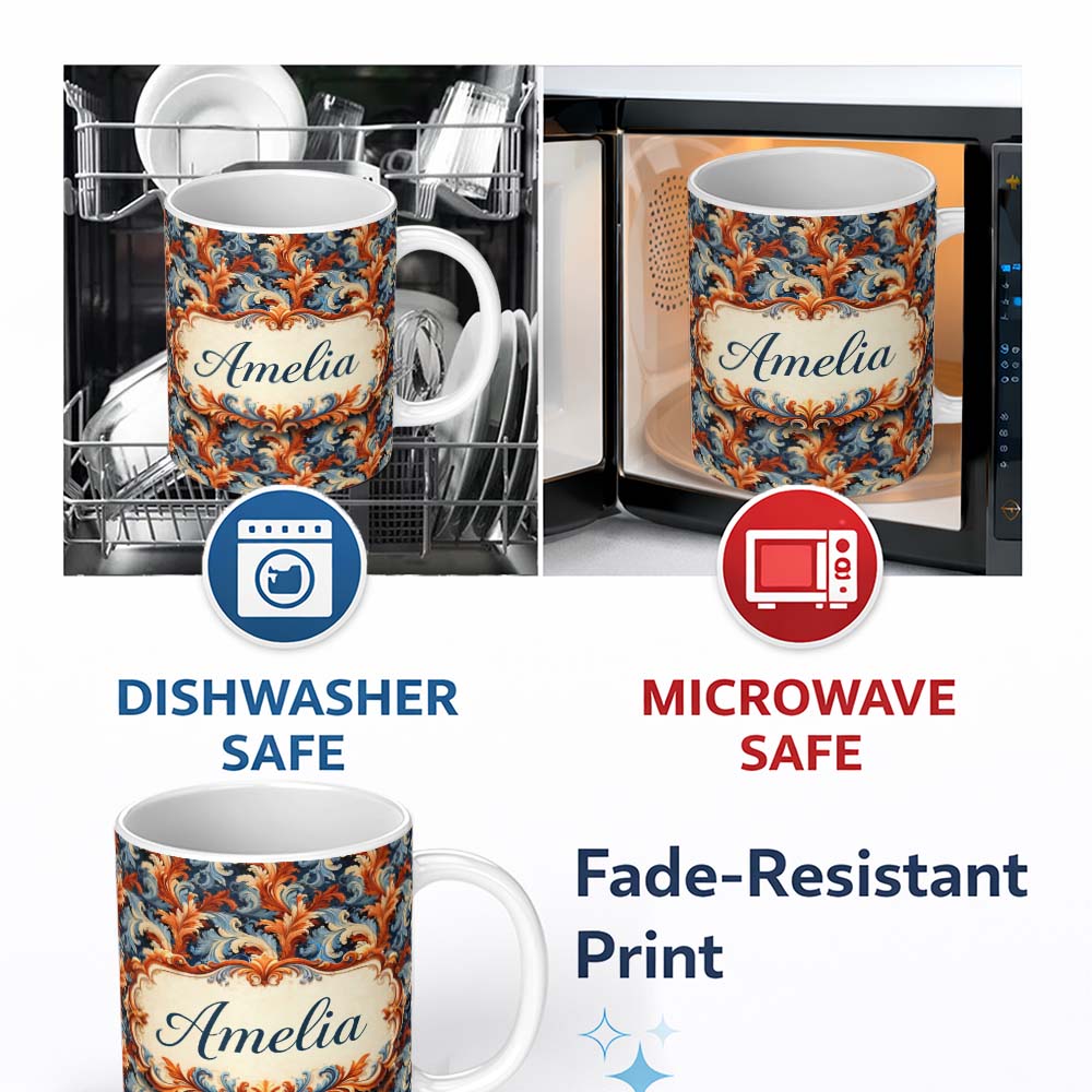 Personalized Custom Name Blue Orange Baroque Floral Artistic Ornamental Decorative Design 11oz Ceramic Coffee Tea Mug White Large Handle