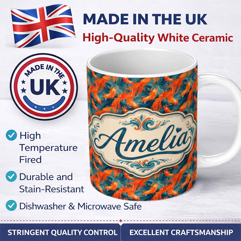 Personalized Custom Name Cute Painterly Orange Shrimp with Flowing Ocean Waves Seamless 11oz Ceramic Coffee Tea Mug White Large Handle