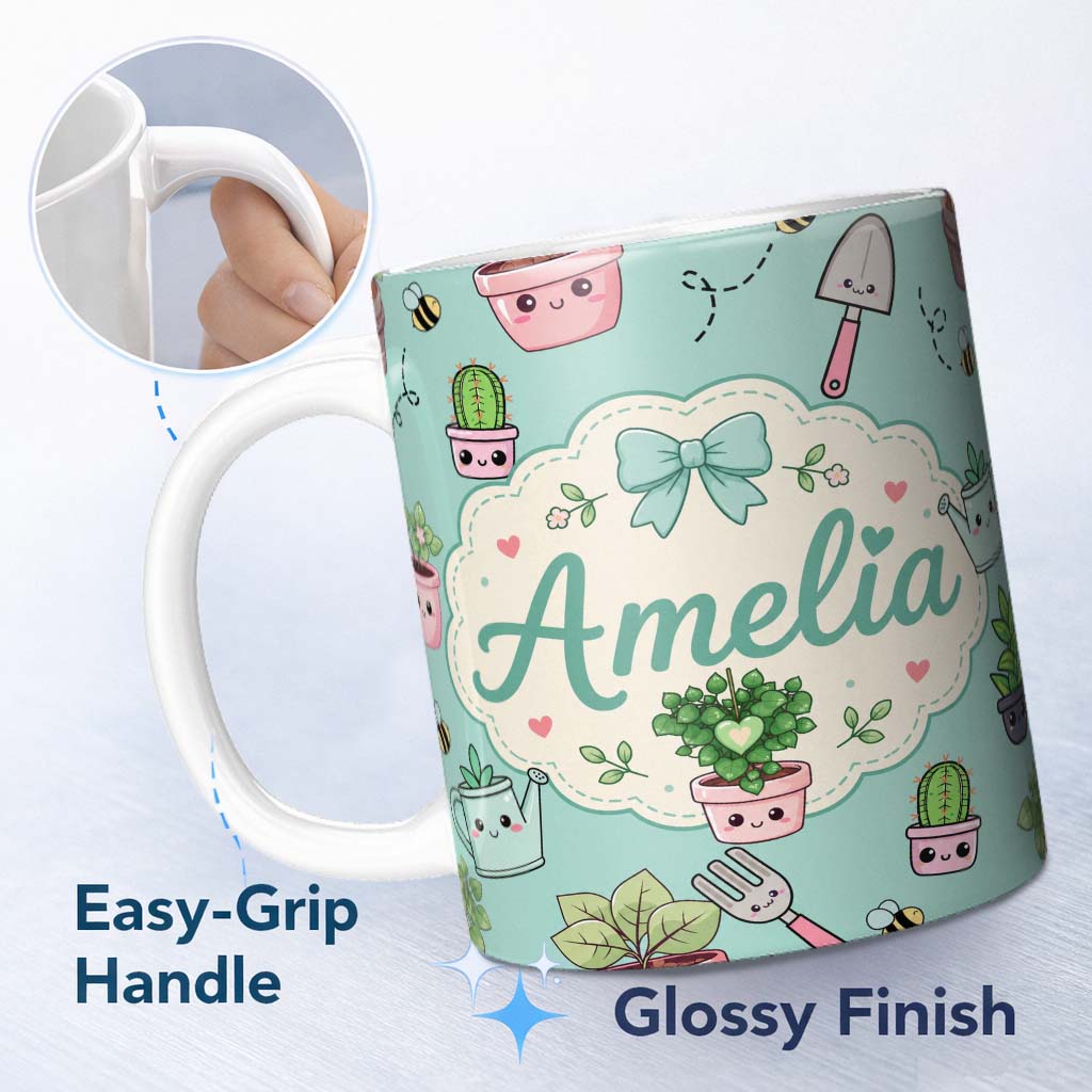 Personalized Custom Name Cute Kawaii Garden Tools Plants Bees Seamless Pattern Mint Lovely 11oz Ceramic Coffee Tea Mug White Large Handle