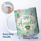 Personalized Custom Name Cute Kawaii Garden Tools Plants Bees Seamless Pattern Mint Lovely 11oz Ceramic Coffee Tea Mug White Large Handle