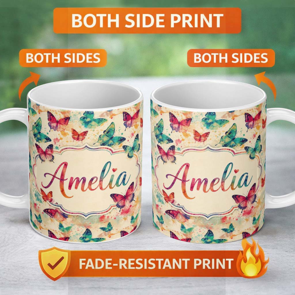 Personalized Custom Name Artistic Multicolor Butterflies with Paint Splash Background Lovely 11oz Ceramic Coffee Tea Mug White Large Handle
