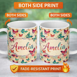 Personalized Custom Name Artistic Multicolor Butterflies with Paint Splash Background Lovely 11oz Ceramic Coffee Tea Mug White Large Handle