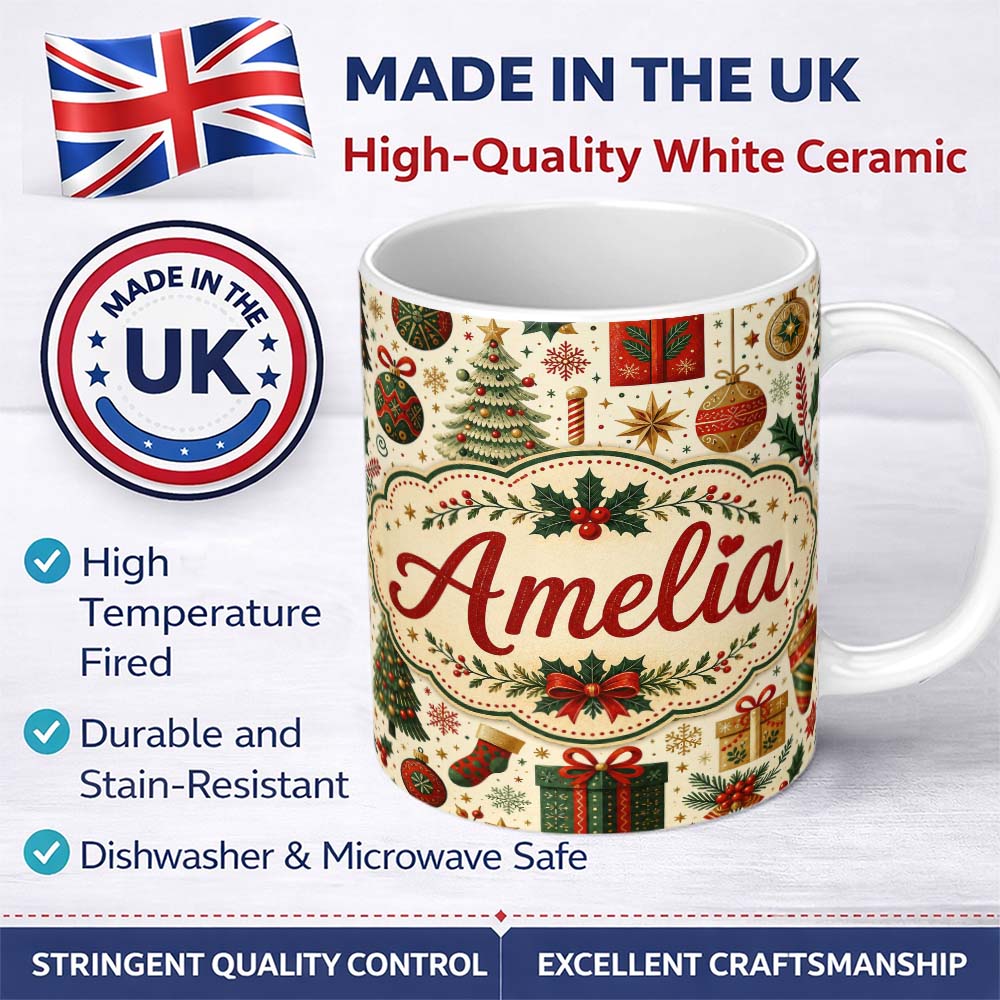 Personalized Custom Name Vintage Christmas Tree Gift Ornament Star Festive Seamless Pattern 11oz Ceramic Coffee Tea Mug White Large Handle