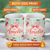 Personalized Custom Name Cute Cherry Fruit with Bow and Sprinkles Pattern Mint Stripe Lovely 11oz Ceramic Coffee Tea Mug White Large Handle
