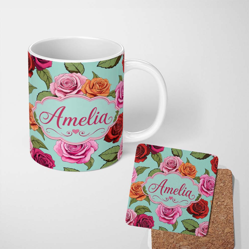Personalized Custom Name Colorful Roses on Soft Mint Background Seamless Floral Pattern 11oz Ceramic Coffee Tea Mug White Large Handle