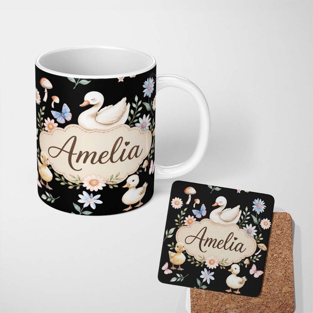 Personalized Custom Name Swan Duckling Butterflies Flowers Mushrooms Soft Watercolor 11oz Ceramic Coffee Tea Mug White Large Handle