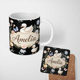 Personalized Custom Name Swan Duckling Butterflies Flowers Mushrooms Soft Watercolor 11oz Ceramic Coffee Tea Mug White Large Handle