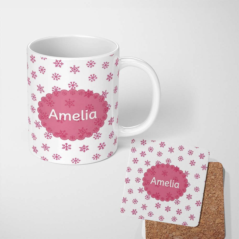 Personalized Custom Name Simple Pink Snowflake Polka Dot Winter Seamless Pattern Lovely 11oz Ceramic Coffee Tea Mug White Large Handle