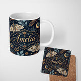 Personalized Custom Name Celestial Moth Moon Botanical Night Sky Seamless Pattern Lovely 11oz Ceramic Coffee Tea Mug White Large Handle