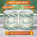 Personalized Custom Name Teal Background White Daisy Garden Seamless Pattern Cute Unique Gift 11oz Ceramic Coffee Tea Mug White Large Handle
