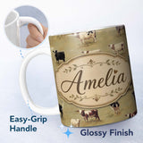 Personalized Custom Name Farm Cow Cattle Pasture Illustration Seamless Pattern Lovely 11oz Ceramic Coffee Tea Mug White Large Handle