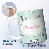 Personalized Custom Name Cute French Bulldog Faces Teal Background Seamless Pattern Lovely 11oz Ceramic Coffee Tea Mug White Large Handle
