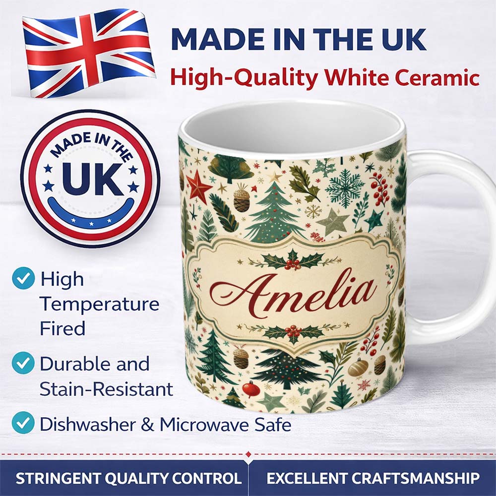 Personalized Custom Name Modern Christmas Trees Holly Leaves Snowflakes Winter Seamless 11oz Ceramic Coffee Tea Mug White Large Handle