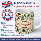 Personalized Custom Name Modern Christmas Trees Holly Leaves Snowflakes Winter Seamless 11oz Ceramic Coffee Tea Mug White Large Handle