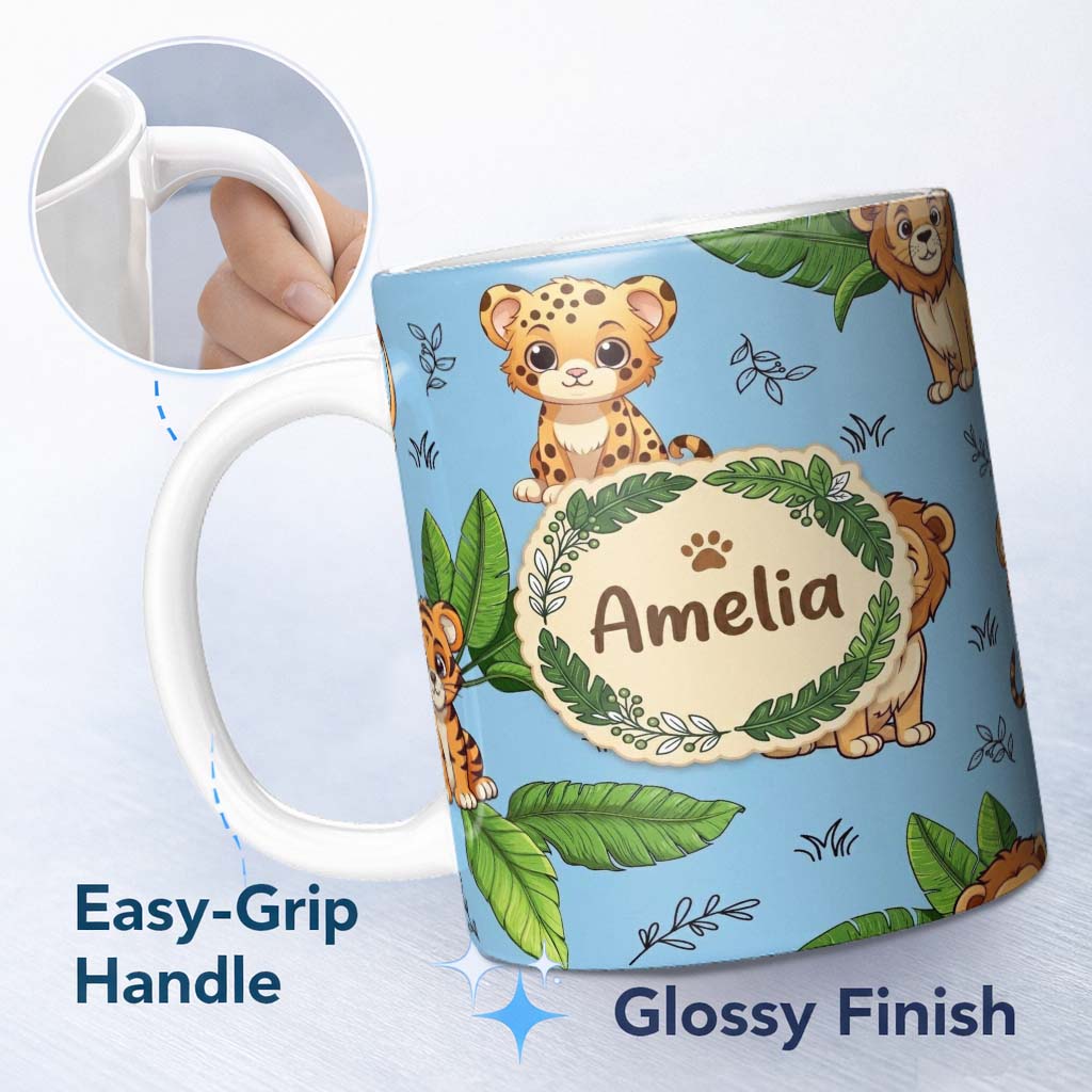 Personalized Custom Name Cute Jungle Animals Light Background Seamless Pattern Lovely 11oz Ceramic Coffee Tea Mug White Large Handle
