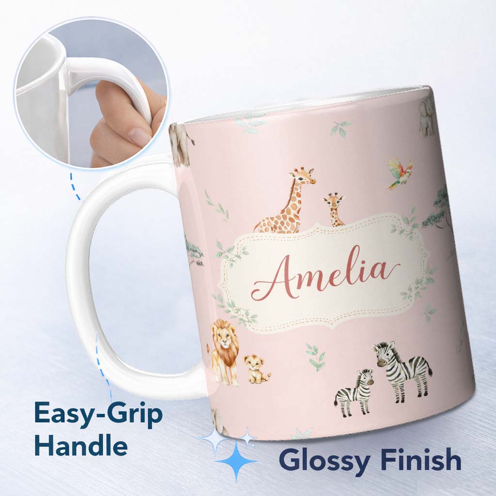 Personalized Custom Name Cute Safari Animals Giraffe Lion Zebra Parrot Pattern Blush Pink 11oz Ceramic Coffee Tea Mug White Large Handle