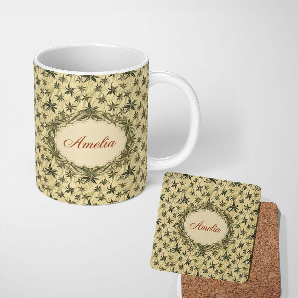 Personalized Custom Name Delicate Beige Floral Star Vine Seamless Pattern Cute Unique Gift 11oz Ceramic Coffee Tea Mug White Large Handle