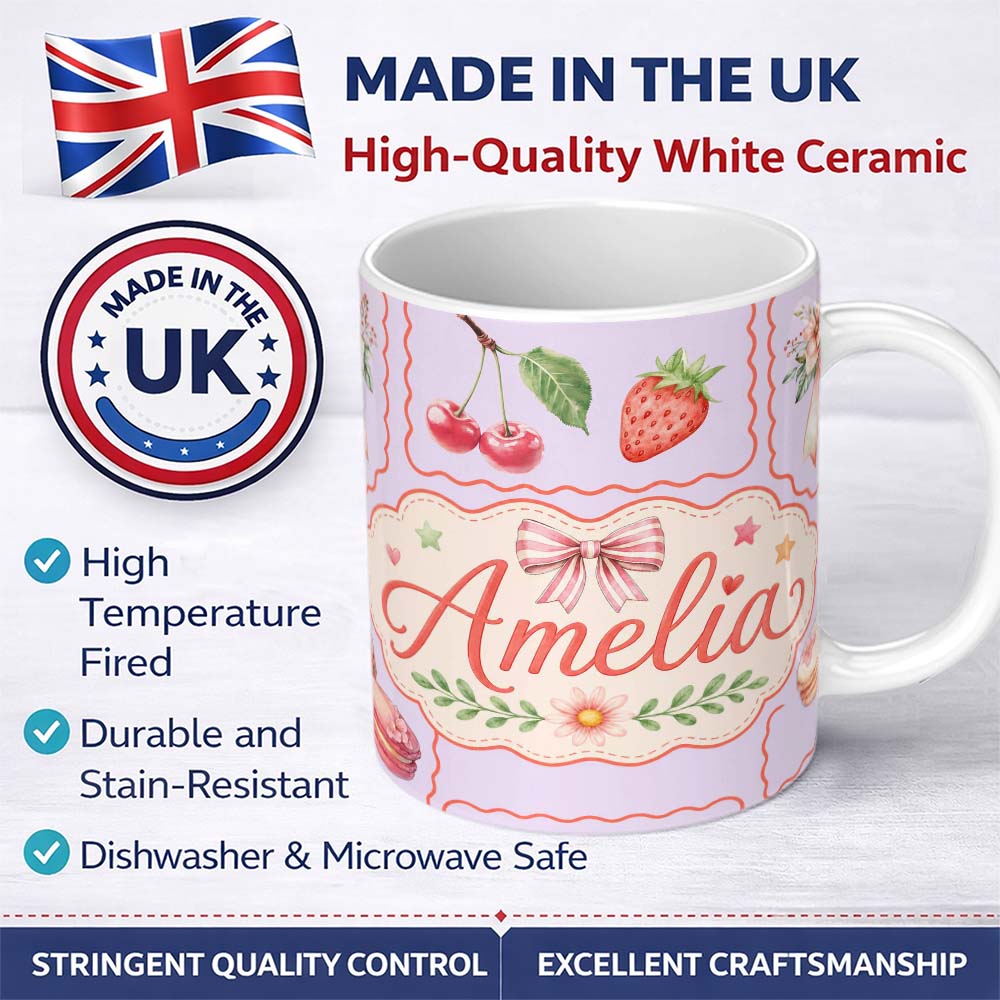 Personalized Custom Name Cute Watercolor Cherry Strawberry RibbonBow Macaron Frame Soft Lilac 11oz Ceramic Coffee Tea Mug White Large Handle