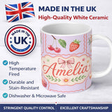 Personalized Custom Name Cute Watercolor Cherry Strawberry RibbonBow Macaron Frame Soft Lilac 11oz Ceramic Coffee Tea Mug White Large Handle