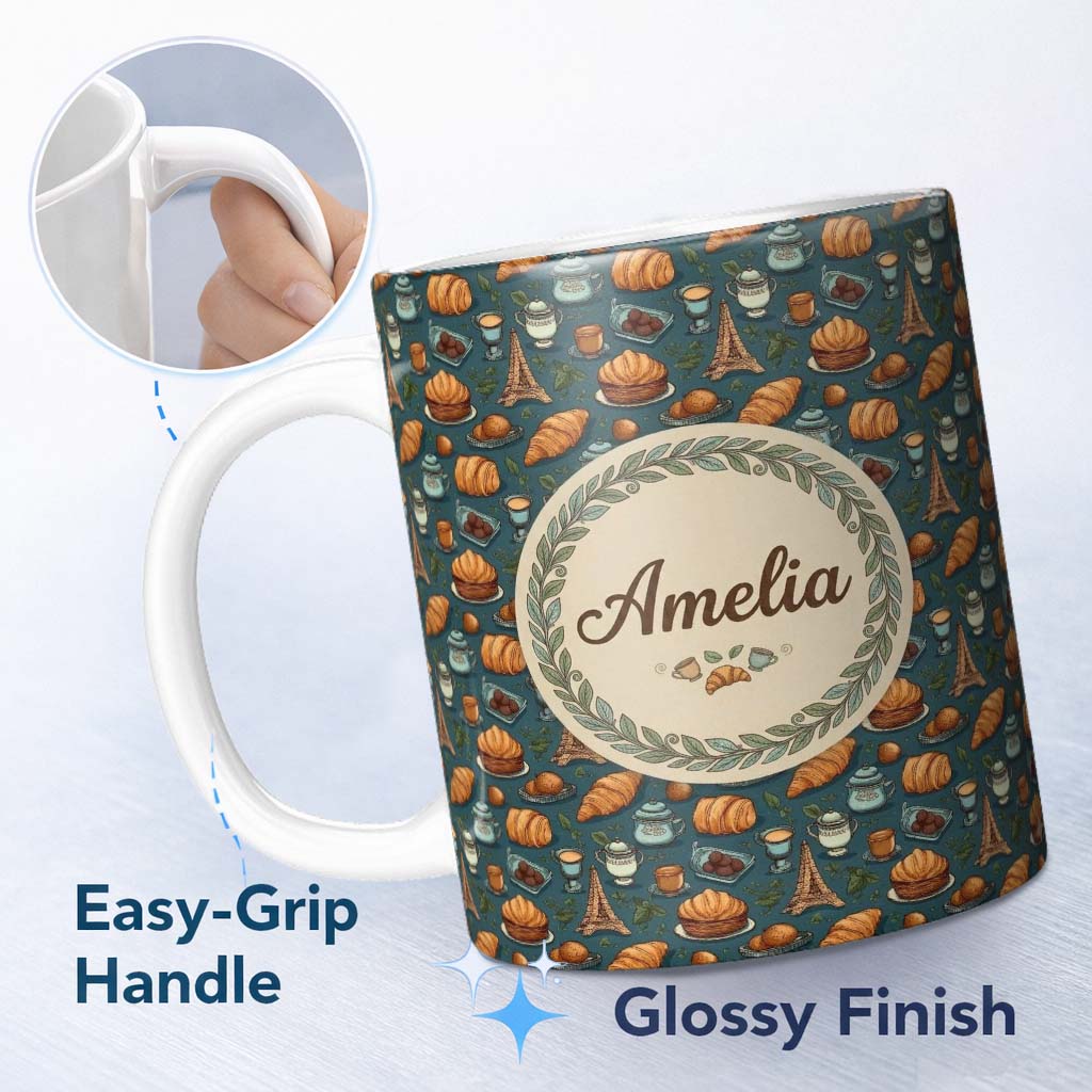 Personalized Custom Name French Bakery Theme Croissant Eiffel Tower Coffee Seamless Pattern 11oz Ceramic Coffee Tea Mug White Large Handle