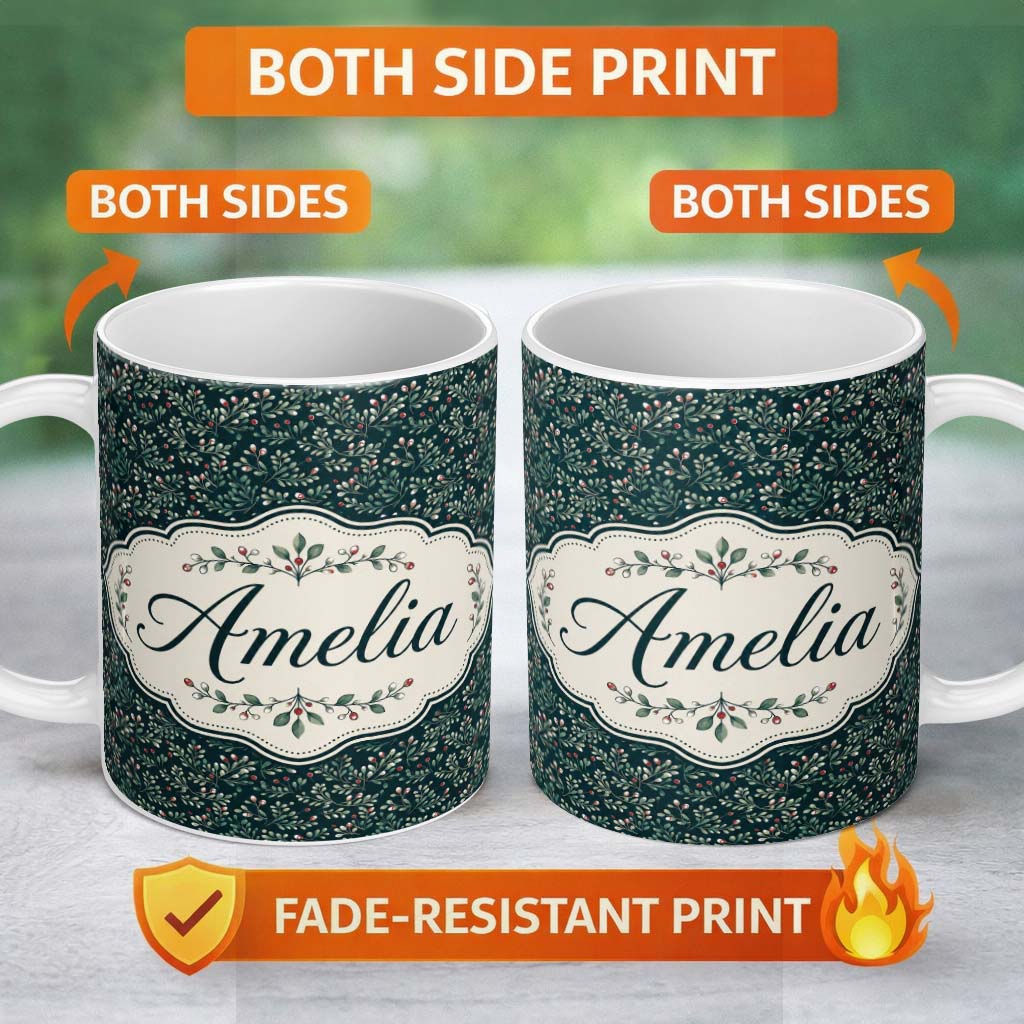 Personalized Custom Name Dark Green Botanical Leaves and Red Berry Detailed Pattern Lovely 11oz Ceramic Coffee Tea Mug White Large Handle