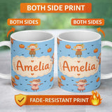 Personalized Custom Name Cute Autumn Scarecrow Pumpkin Birds Seamless Pattern Sky Blue Lovely 11oz Ceramic Coffee Tea Mug White Large Handle