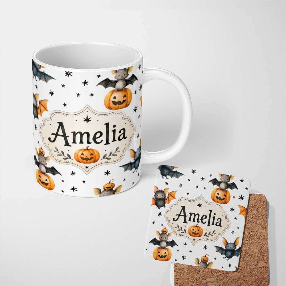 Personalized Custom Name Cute Halloween Bats Sitting on Pumpkins with Stars Grey Background 11oz Ceramic Coffee Tea Mug White Large Handle
