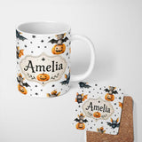 Personalized Custom Name Cute Halloween Bats Sitting on Pumpkins with Stars Grey Background 11oz Ceramic Coffee Tea Mug White Large Handle