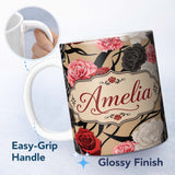 Personalized Custom Name Elegant Rose Floral with Black Red and White Flowers on Beige Lovely 11oz Ceramic Coffee Tea Mug White Large Handle
