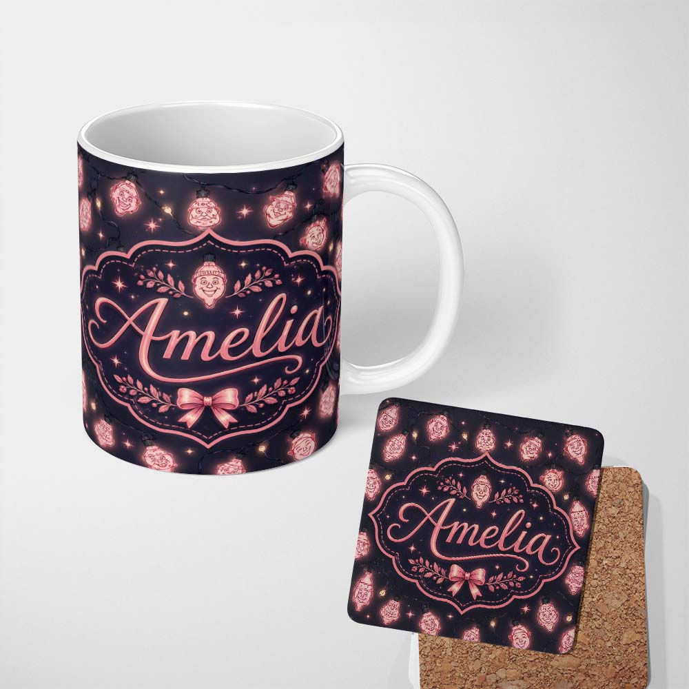 Personalized Custom Name Cute Christmas String Lights Santa Snowman Festive Glow Seamless 11oz Ceramic Coffee Tea Mug White Large Handle