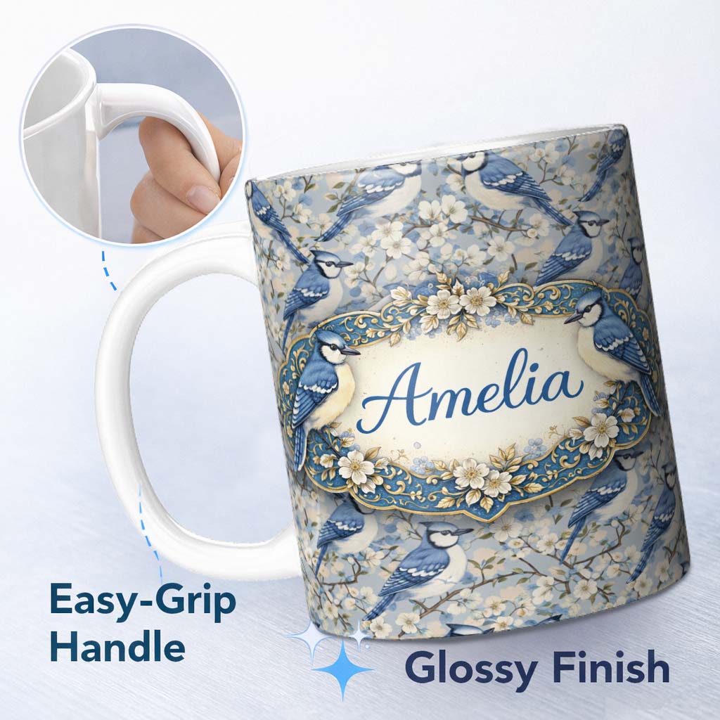 Personalized Custom Name Blue Jay Bird Blossom Floral Seamless Pattern Soft Vintage Botanical 11oz Ceramic Coffee Tea Mug White Large Handle
