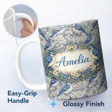 Personalized Custom Name Blue Jay Bird Blossom Floral Seamless Pattern Soft Vintage Botanical 11oz Ceramic Coffee Tea Mug White Large Handle