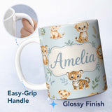 Personalized Custom Name Cute Baby Jungle Animals with Leaves on Soft Blue Background Lovely 11oz Ceramic Coffee Tea Mug White Large Handle