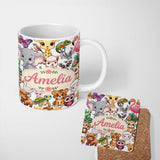 Personalized Custom Name Cute Cartoon Jungle Safari Animals Seamless Pattern on White Lovely 11oz Ceramic Coffee Tea Mug White Large Handle