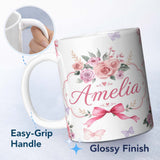 Personalized Custom Name Elegant Watercolor Rose Bouquet Ribbon Butterfly Light Grey Lovely 11oz Ceramic Coffee Tea Mug White Large Handle