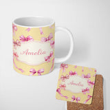 Personalized Custom Name Watercolor Pink Ribbon Bow Seamless Pattern on Warm Yellow Lovely 11oz Ceramic Coffee Tea Mug White Large Handle