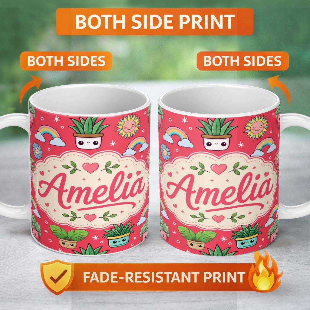 Personalized Custom Name Cute Kawaii Plants Rainbow Sun Flowers Seamless Pattern Red Lovely 11oz Ceramic Coffee Tea Mug White Large Handle