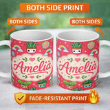 Personalized Custom Name Cute Kawaii Plants Rainbow Sun Flowers Seamless Pattern Red Lovely 11oz Ceramic Coffee Tea Mug White Large Handle
