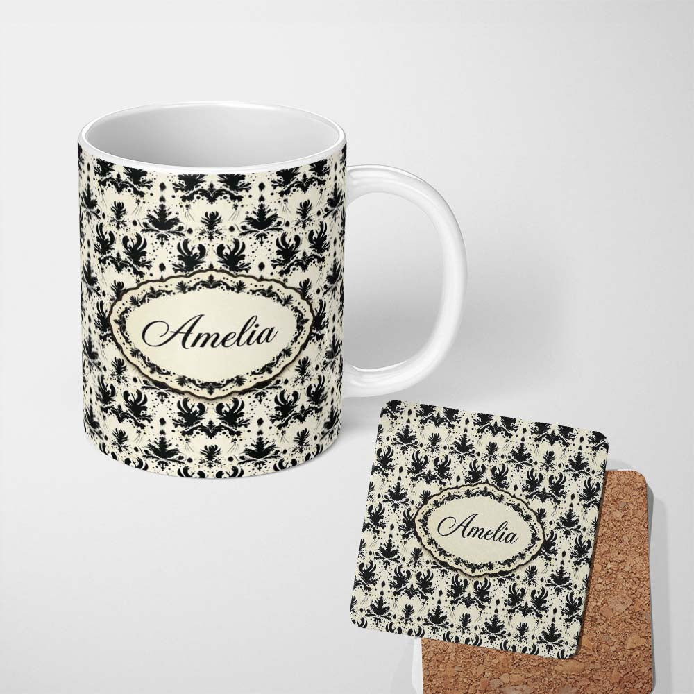 Personalized Custom Name Black Damask Silhouette Ornamental Seamless Pattern Cute Unique Gift 11oz Ceramic Coffee Tea Mug White Large Handle