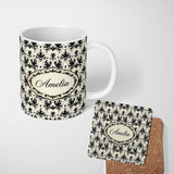 Personalized Custom Name Black Damask Silhouette Ornamental Seamless Pattern Cute Unique Gift 11oz Ceramic Coffee Tea Mug White Large Handle
