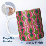 Personalized Custom Name Pink Green Curved Wave Symmetry Seamless Pattern Cute Unique Gift 11oz Ceramic Coffee Tea Mug White Large Handle
